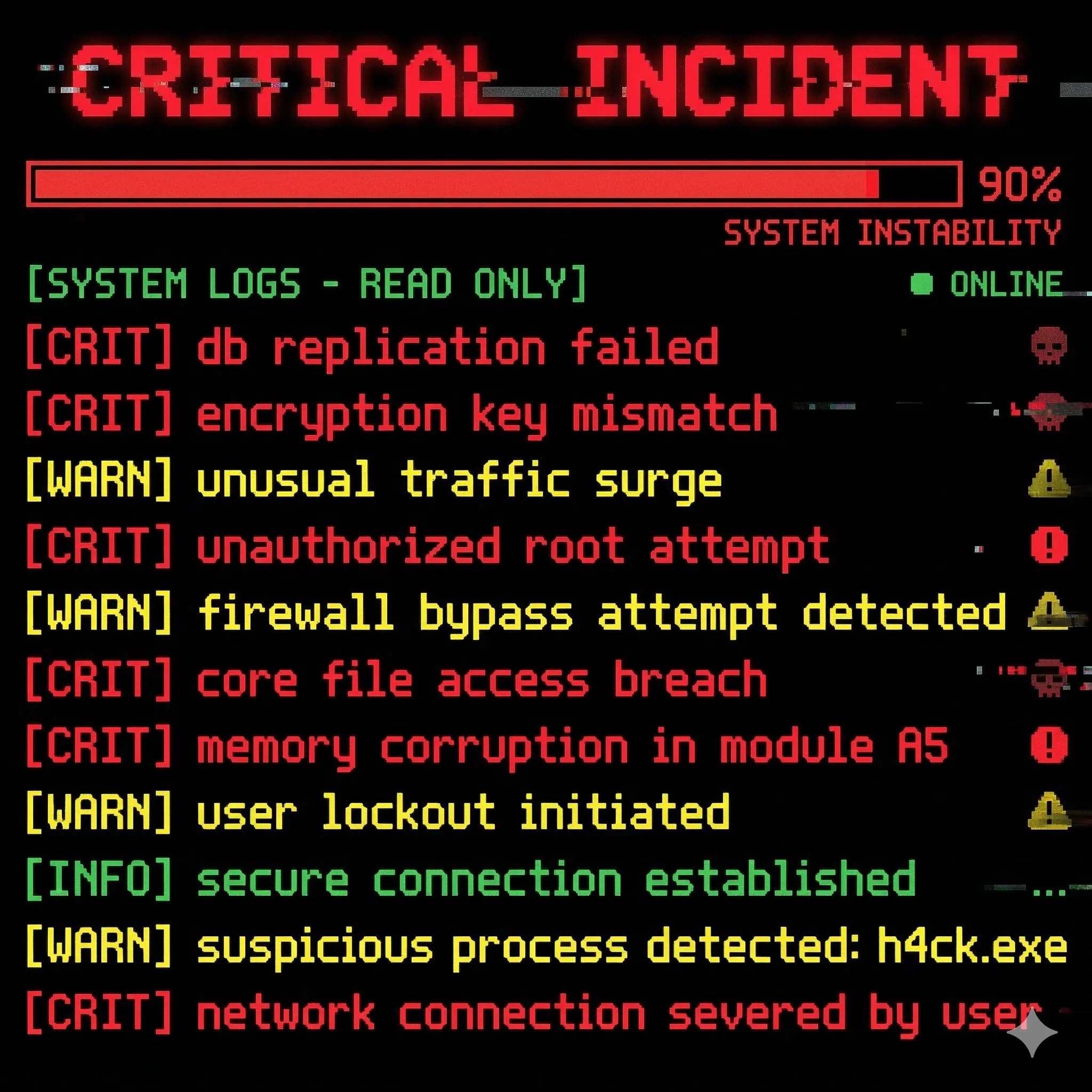A CRITICAL INCIDENT banner over a red instability bar at 90%, with a wall of CRIT and WARN log lines.