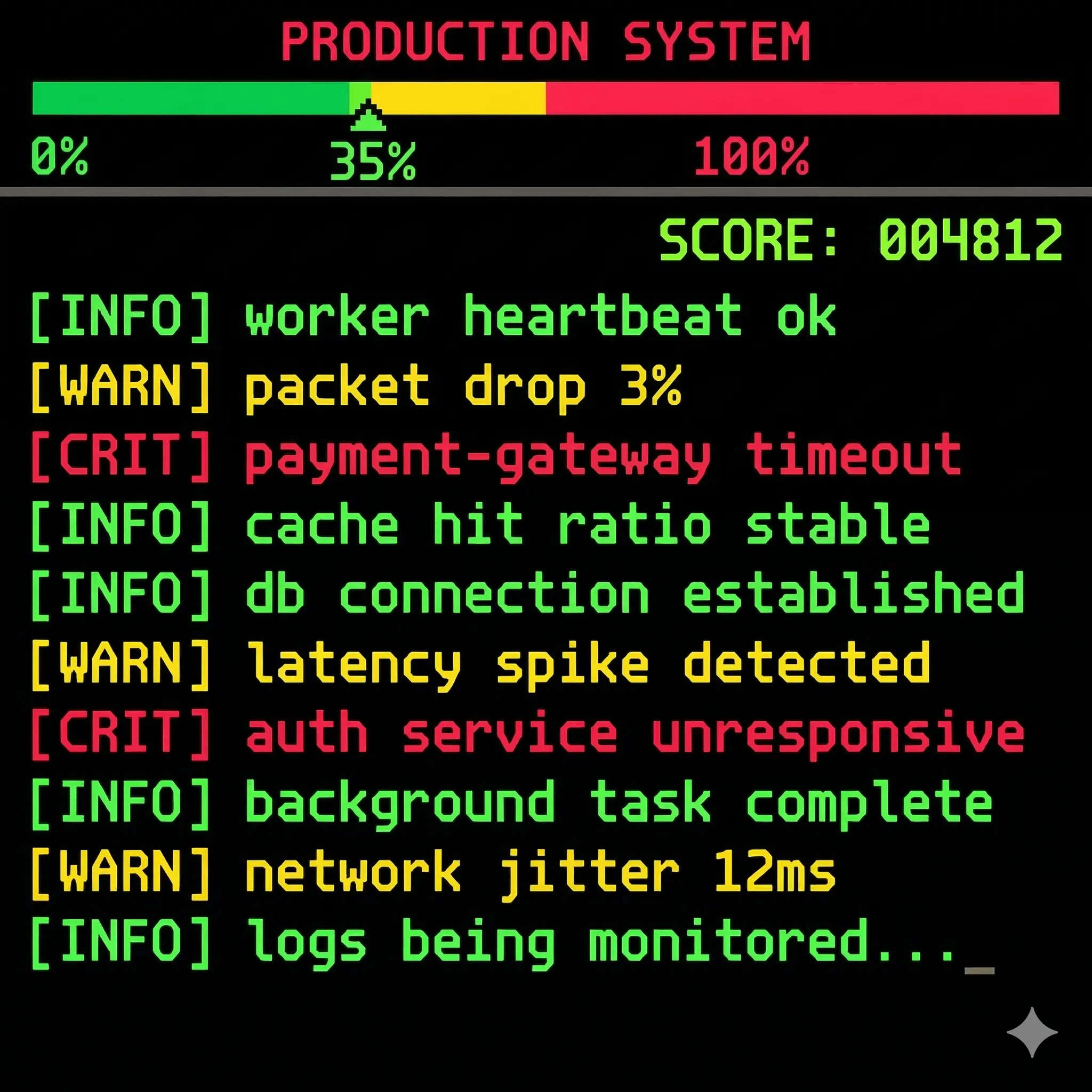 A production system meter at 35% with a live log feed below it, showing INFO, WARN and CRIT lines in green, yellow and red.